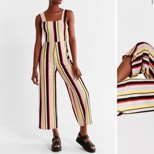 Striped Cropped Jumpsuit Square Neck Wide Leg Casual Boho Festival Women's